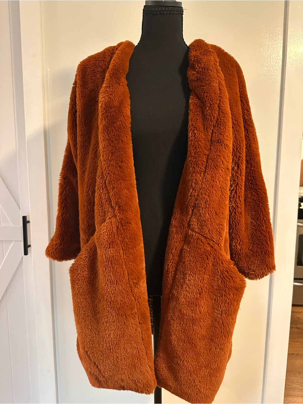 Mystree Open-Front Teddy Coat in Rust Brown